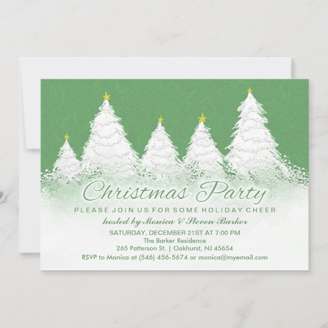 Weihnachts-Party Einladung Grün mit weißen Bäumen (Vorderseite)