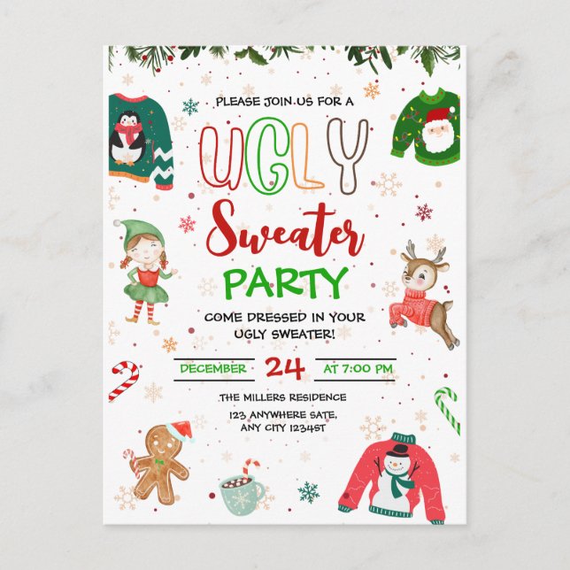 Weihnachts-Party Einladung im hässlichen Sweater,  Postkarte (Vorderseite)