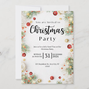 Weihnachts-Party Einladung in Weiß und Rot-Flora