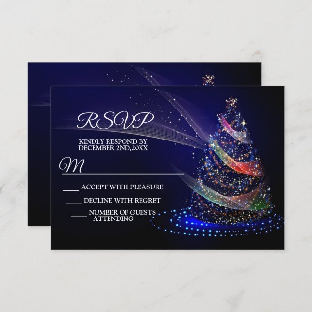 Weihnachts Party farbenfrohe Bäume Navy Blue Rusti RSVP Karte (Vorne/Hinten)