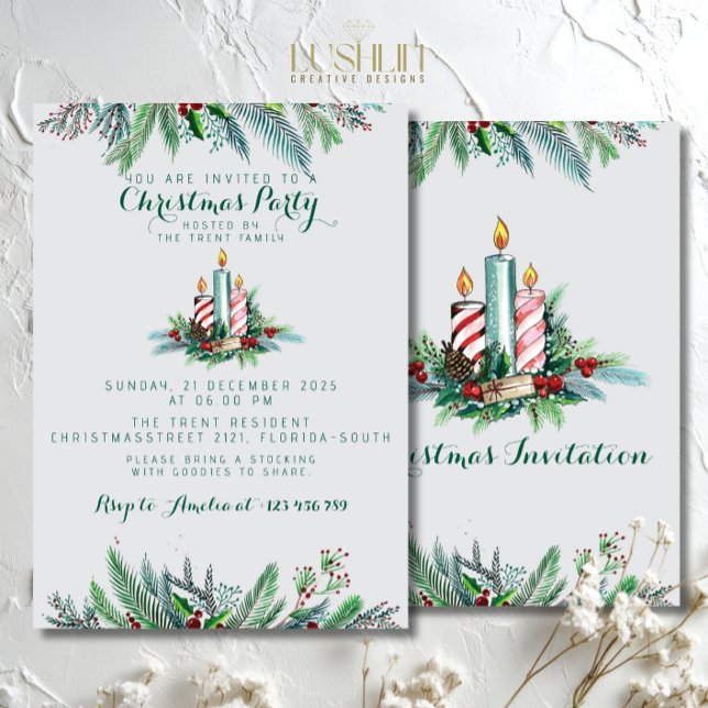 Weihnachts Party Festlicher Urlaub Grüne Kerze Einladung (Von Creator hochgeladen)