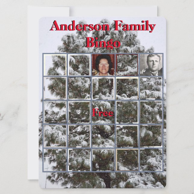 Weihnachts-Party Foto Bingo Snowy Tree (Vorderseite)