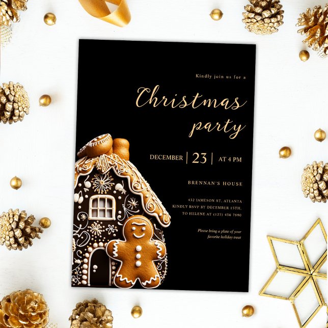 Weihnachts Party Gold Black Gingerbrett Urlaub Einladung (Christmas Party Gold Black Gingerbread Holiday Invitation)