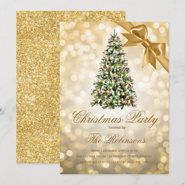 Weihnachts-Party | Gold Xmas Tree Lights Ribbon Einladung (Vorne/Hinten)
