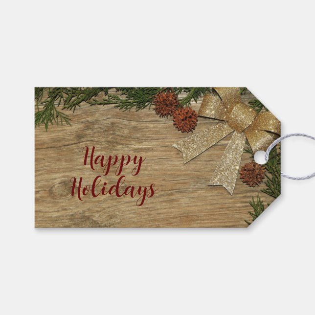 Weihnachts-Party Golden Green Blätter Rot Rustikal Geschenkanhänger (Vorderseite (Horizontal))