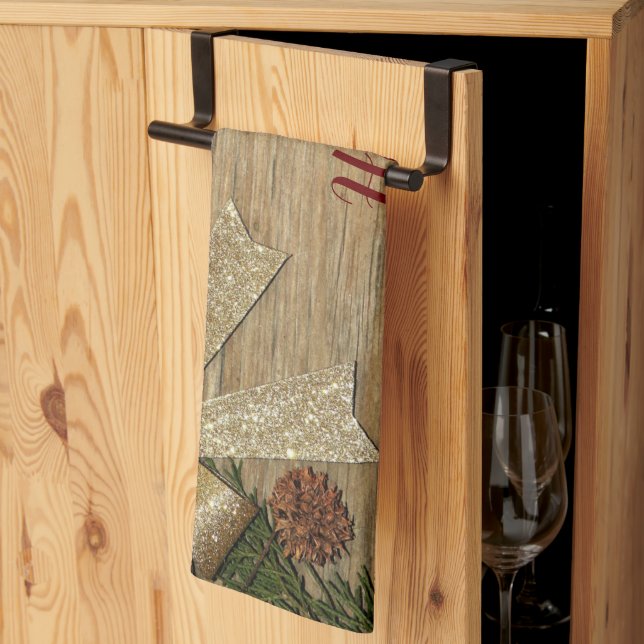 Weihnachts-Party Golden Green Blätter Rot Rustikal Geschirrtuch (Drittel gefaltet)