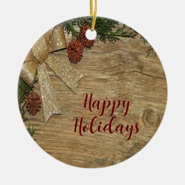 Weihnachts-Party Golden Green Blätter Rot Rustikal Keramik Ornament (Vorne)