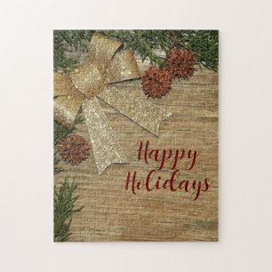Weihnachts-Party Golden Green Blätter Rot Rustikal Puzzle