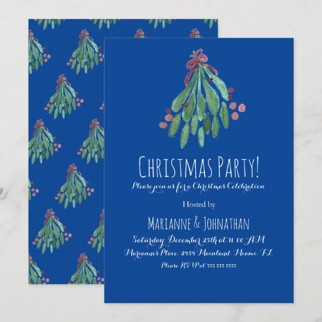 Weihnachts Party Hand Wasserfarben Tree und Bow Bl Einladung (Vorne/Hinten)