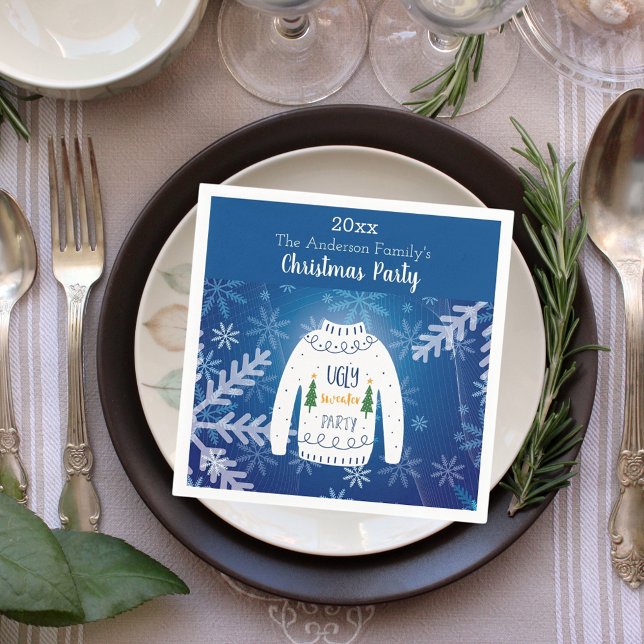 Weihnachts Party hässlich Pullover blauen Schneefl Serviette (Von Creator hochgeladen)