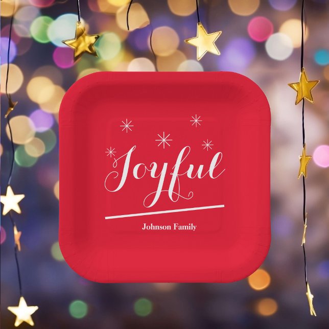 Weihnachts-Party Joyful-Script-Name Modern Red Pappteller (Spice things up with these "Joyful" red paper plates.)