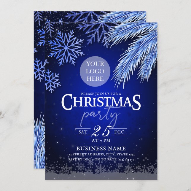 Weihnachts-Party-Logo Blue Winter Elegante Einladung (Vorne/Hinten)