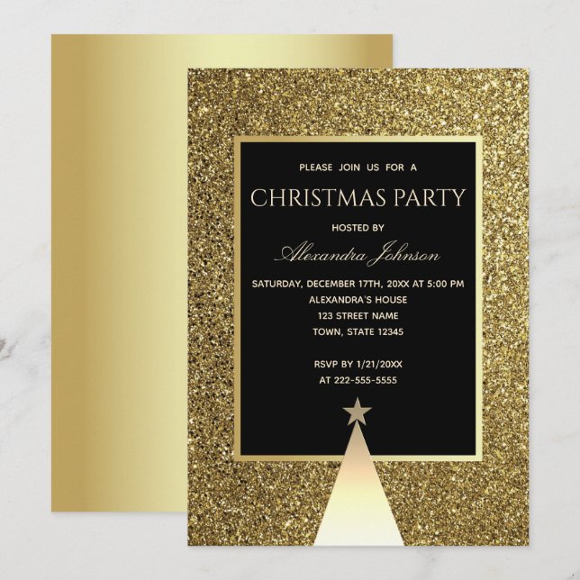 Weihnachts-Party Luxus Black and Gold Glitzer Einladung (Vorne/Hinten)
