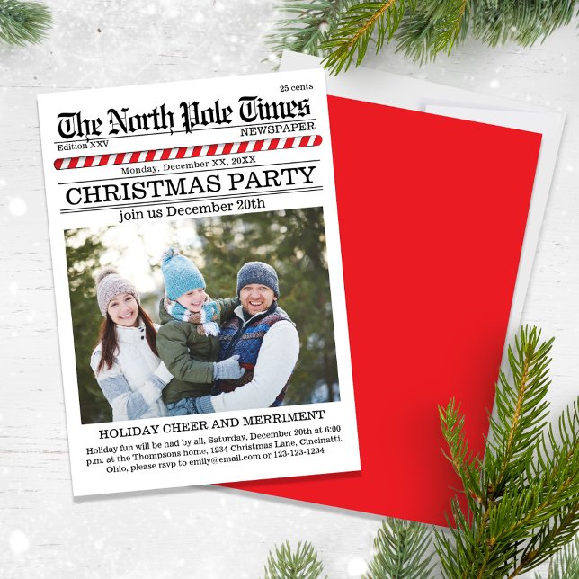 Weihnachts-Party Niedliche Zeitung Custom Einladung (A Cute fun whimsical Christmas party with a fun newspaper design.)