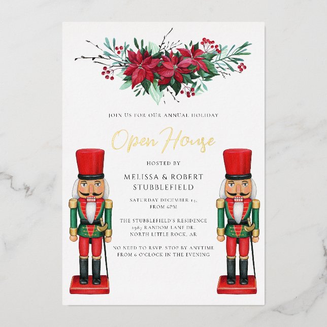 Weihnachts-Party Poinsettia Toy Nutcracker Gold Folieneinladung (Vorderseite)