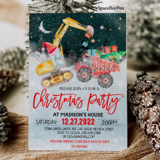 Weihnachts-Party Red Truck Gift Construction Birth Einladung (Christmas Party invites Red Truck Gift invitation Construction Birthday invitation Winter Christmas )
