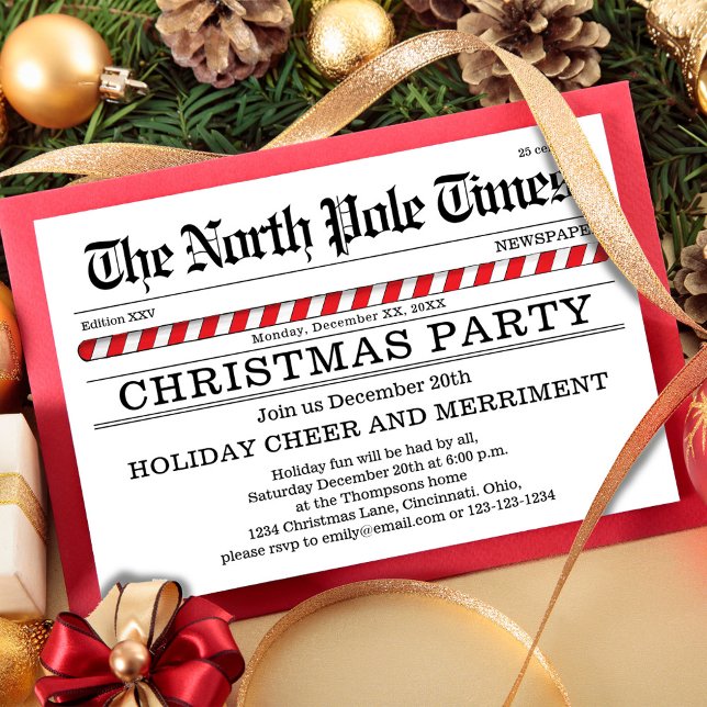 Weihnachts-Party Rot und Weiße Zeitung Einladung (The North Pole Times Christmas party invitations. )