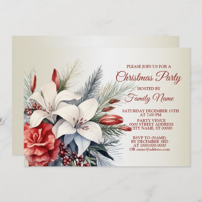 Weihnachts-Party Rote weiße Blume Einladung (Vorne/Hinten)