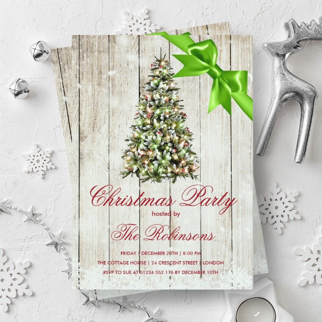 Weihnachts-Party | Rustikaler Baum und grünes Band Einladung (Christmas Party | Rustic Tree & Green Ribbon Invitation)