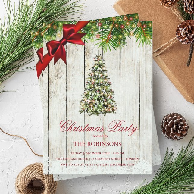 Weihnachts-Party | Rustikaler Baum und Roter Band Einladung (Christmas Party | Rustic Tree & Red Ribbon Invitation)