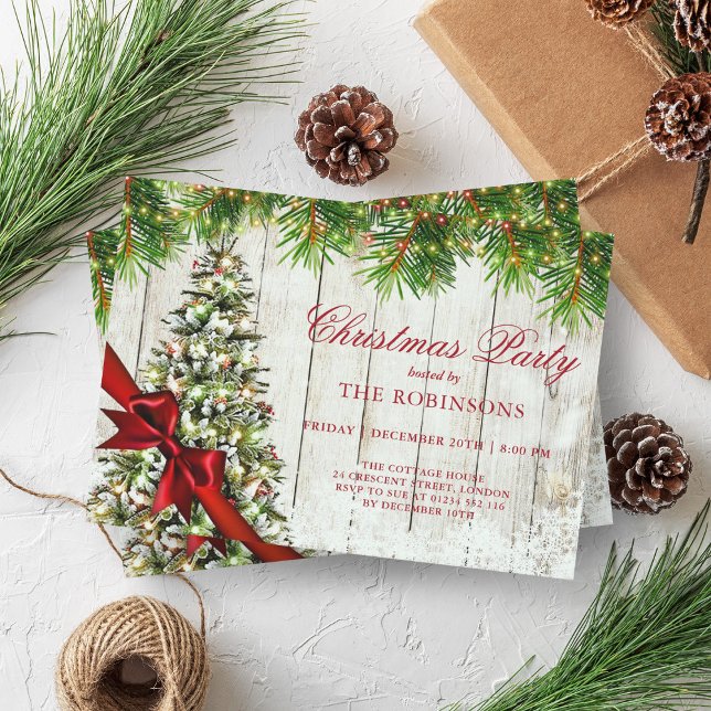 Weihnachts-Party | Rustikaler Baum und Roter Band Einladung (Christmas Party | Rustic Tree & Red Ribbon Invitation)