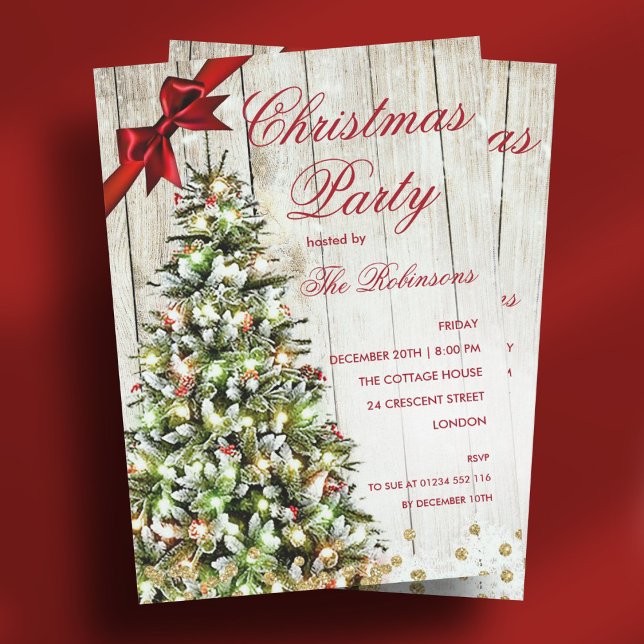 Weihnachts-Party | Rustikaler Baumbestand und Rote Einladung (Christmas Party | Rustic Tree & Red Ribbon Invitat Invitation)