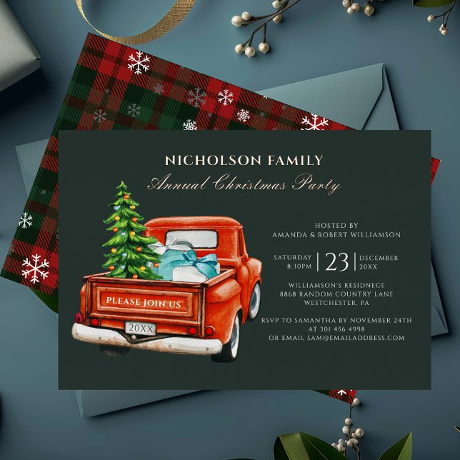 Weihnachts-Party Rustikales Kariertes Gold Folieneinladung (Classic Red Truck Christmas Party Invitation Gold Foil Card)