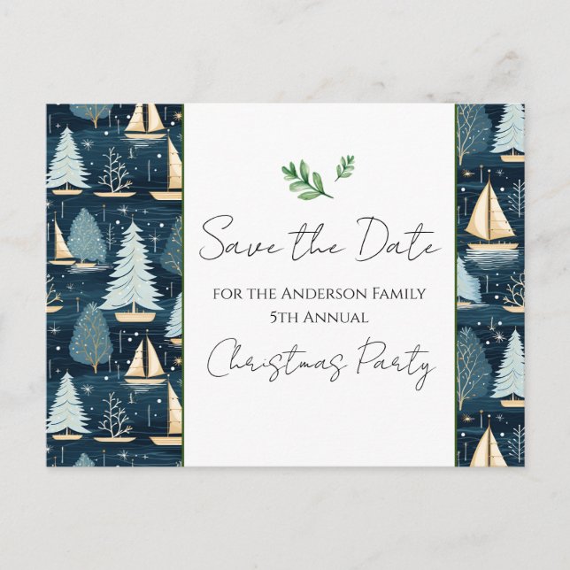 Weihnachts-Party Sailboat Save the Date Postkarte (Vorderseite)