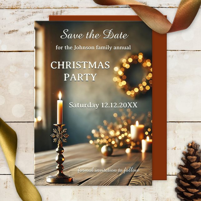 Weihnachts-Party Save the Date (Christmas Holiday party Save the Date card featuring a rustic table with candles and sparkling light)