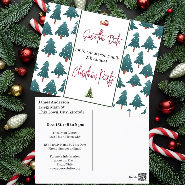 Weihnachts-Party Save the Date Bäume Postkarte (Family Christmas Party Save the Date Trees Postcard)