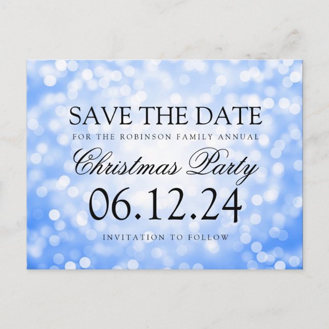 Weihnachts-Party Save the Date Blue Glitzer Lights Ankündigungspostkarte (Vorderseite)