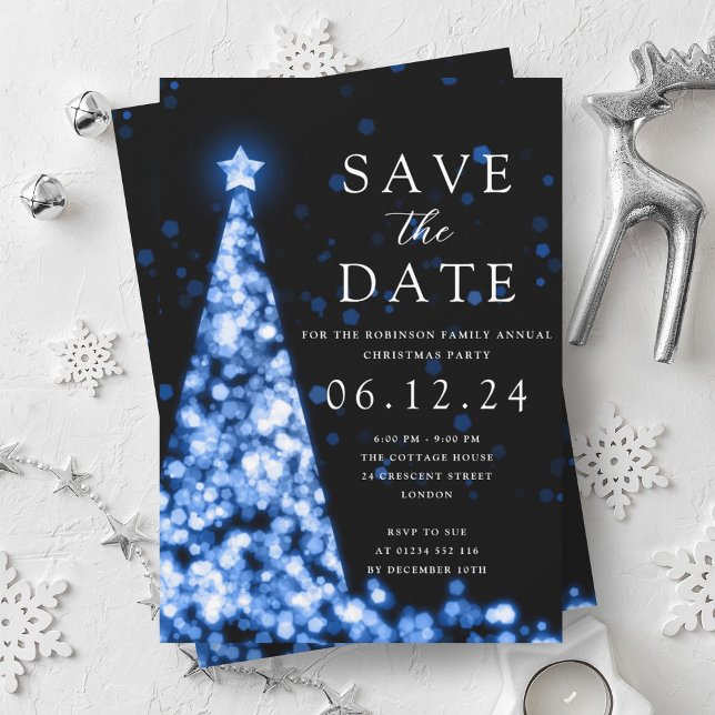 Weihnachts-Party Save the Date Blue Tree Glam Einladung (Christmas Party Save The Date Blue Tree Glam Invitation)