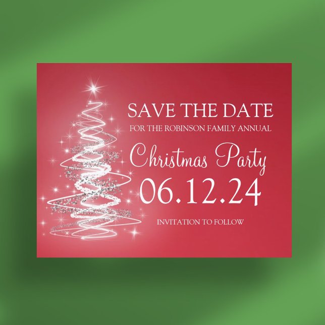 Weihnachts-Party Save the Date funkelnd Baum rot Ankündigungspostkarte (Christmas Party Save The Date Sparkling Tree Red Announcement Postcard)