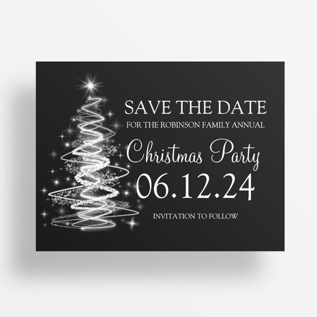 Weihnachts-Party Save the Date funkelnd Baum Schwa Ankündigungspostkarte (Christmas Party Save The Date Sparkling Tree Black Announcement Postcard)