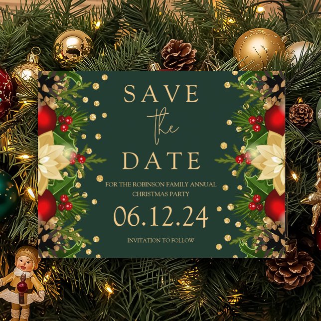 Weihnachts-Party Save the Date Gold Blumengrün Ankündigungspostkarte (Christmas Party Save The Date Gold Floral Green Announcement Postcard)