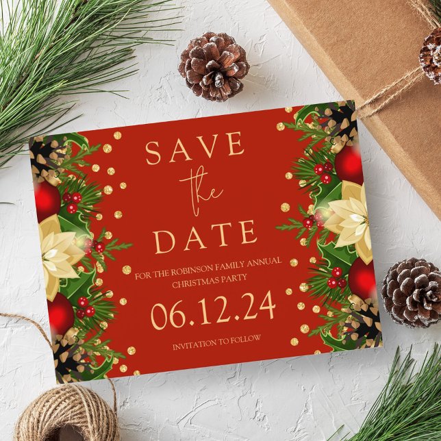 Weihnachts-Party Save the Date Gold Blumenrot Ankündigungspostkarte (Christmas Party Save The Date Gold Floral Red Announcement Postcard)