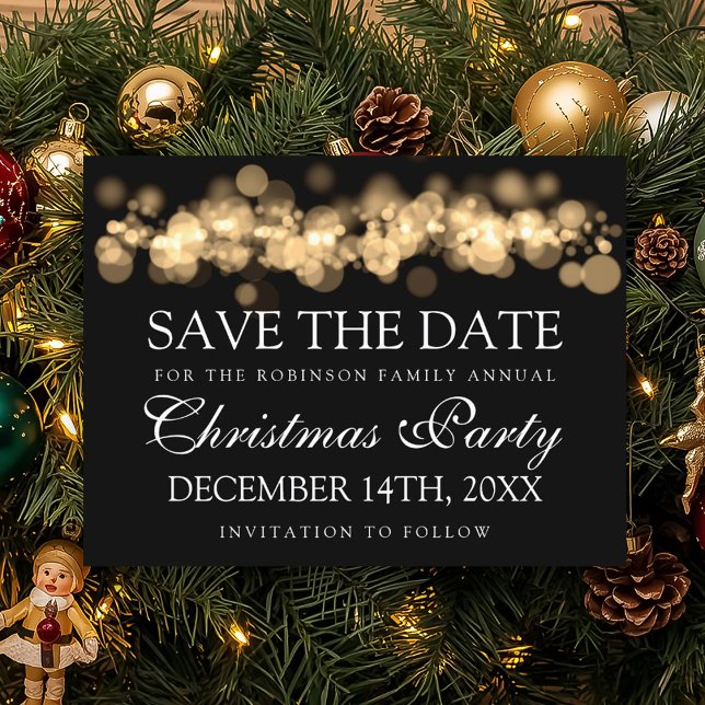 Weihnachts-Party Save the Date Gold Bokeh Lights Ankündigungspostkarte (Christmas Party Save The Date Gold Bokeh Lights Announcement Postcard)