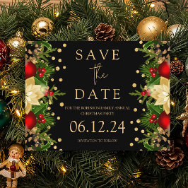Weihnachts-Party Save the Date Gold Floral Black Ankündigungspostkarte
