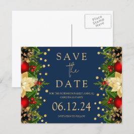 Weihnachts-Party Save the Date Gold Floral Navy Ankündigungspostkarte