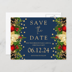 Weihnachts-Party Save the Date Gold Floral Navy Ankündigungspostkarte