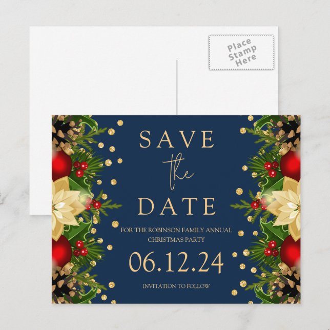 Weihnachts-Party Save the Date Gold Floral Navy Ankündigungspostkarte (Vorne/Hinten)