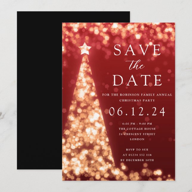 Weihnachts-Party Save the Date Gold Tree Glam Red Einladung (Vorne/Hinten)