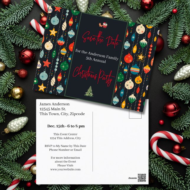 Weihnachts-Party Save the Date Ornamente Postkarte (Family Christmas Party Save the Date Ornaments Postcard)