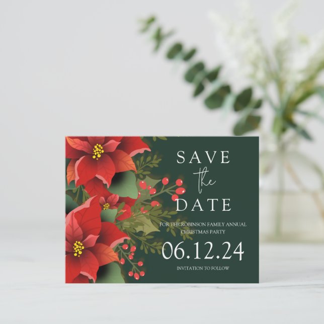 Weihnachts-Party Save the Date Poinsettia Green Ankündigungspostkarte (Stehend Vorderseite)