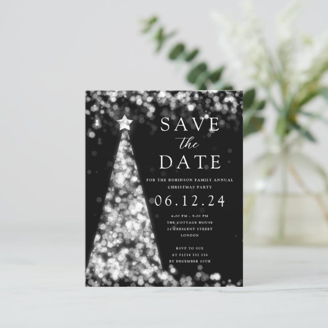 Weihnachts-Party Save the Date Silver Tree Einladu (Stehend Vorderseite)