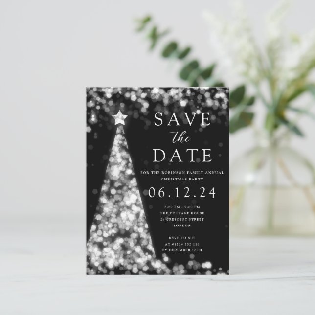 Weihnachts-Party Save the Date Silver Tree Glam Ankündigungspostkarte (Stehend Vorderseite)