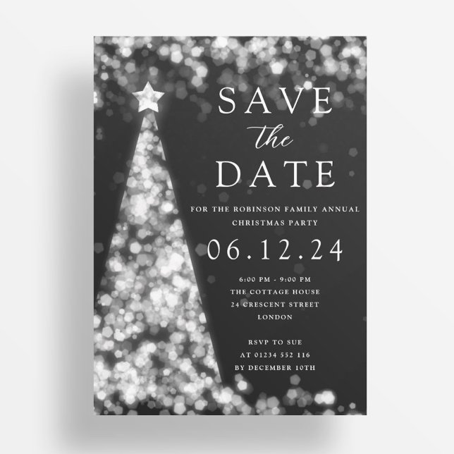 Weihnachts-Party Save the Date Silver Tree Glam Einladung (Christmas Party Save The Date Silver Tree Glam Invitation)