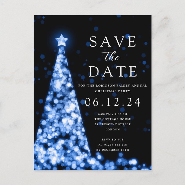 Weihnachts-Party Save the Date Tree Glam Blue Ankündigungspostkarte (Vorderseite)