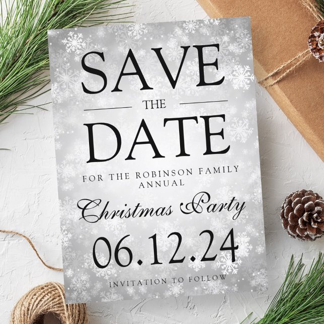 Weihnachts-Party Save the Date Wintersilber Ankündigungspostkarte (Christmas Party Save The Date Winter Silver Announcement Postcard)