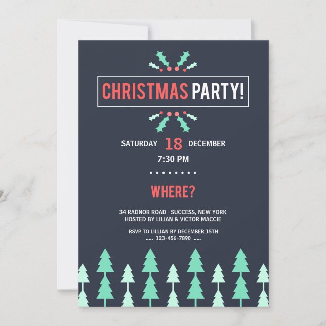 Weihnachts-Party Schwarz mit Bäumen Einladung (Vorderseite)